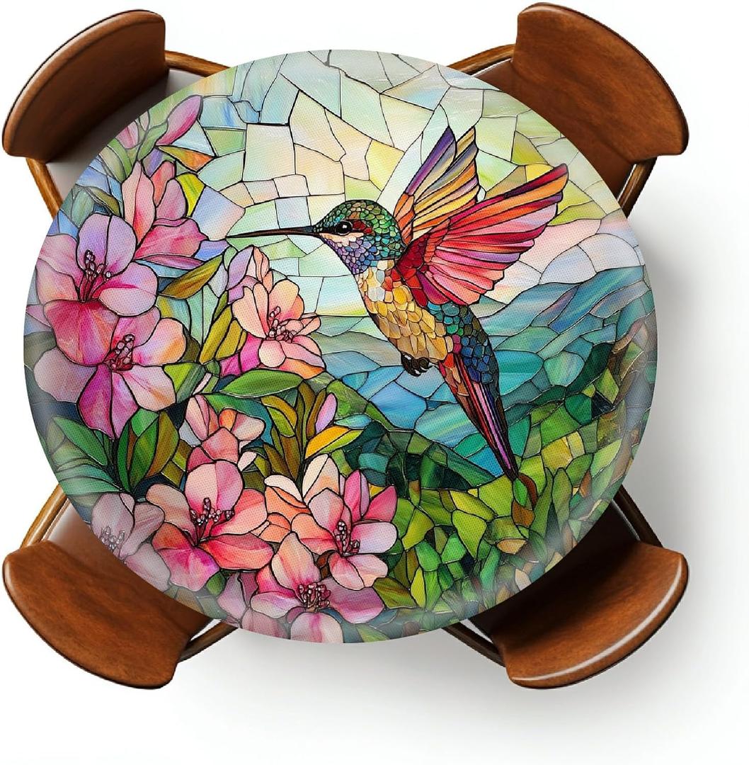 Round Fitted Tablecloth with Elastic Outdoor Tablecloth for 36" - 44" Tables Waterproof Round Table Cover for Indoor Dinner, Picnic, Camping, Yard (Hummingbird) (Hummingbird Flower Art)