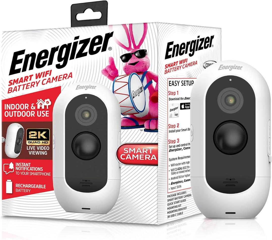 Energizer Smart 2K Outdoor Battery Security Camera, Wireless, Rechargeable, Weather-Resistant, Live View, 2-Way Audio, Night Vision, Motion Alerts, Hub-Free Wi-Fi, Remote Access, Records Video/Audio