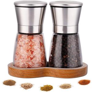 Salt and Pepper Grinder Set with Wooden Standing Tray, Refillable Pepper Mill Set - Brushed Stainless Steel - Short Glass Shakers with Adjustable Coarseness for Peppercorn, Salt or Spice Mills