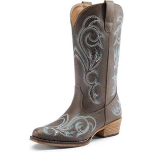 DREAM PAIRS Women's Cowboy Boots Mid Calf Cowgirl Boots Square Toe Chunky Heel Embroidery Stitched Western Boots,Size 10,Brown