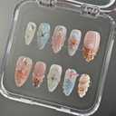 Maglfell 10 Pcs Handmade Press on Nails - Medium Almond Acrylic Nails Blue French Tips Stick ons 3D Summer vacation Fake nails for Women (Size M)