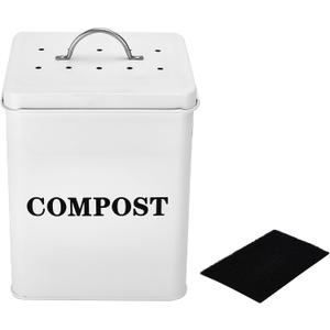 Window Garden Kitchen Compost Bin - Metal Pail for Composting Kitchen Scraps - Small Indoor Compost Bucket with Carbon Filter Lid - Food Scrap Container for Countertop - 9.1x7.1x6.3 inches (White)