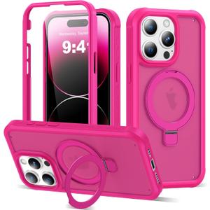 Compatible with iPhone 14 Pro Max Case with Magnetic Ring Stand [Compatible with Mag-Safe] [Built-in Screen Protector] Military-Grade Drop Protection Matte Translucent Phone Case, Rose Red