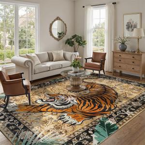 DCX Washable 9x12 Tiger Area Rug, Brown Vintage Animal Rug for Living Room, Soft Low Pile Carpet, Kid & Pet Friendly with Rubber Back Non Slip, Stain Resistant Rug for Bedroom Dining Room Office