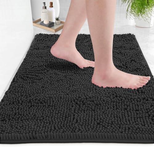 Ultra Soft Texture Chenille Plush Bath Rugs Floor Mats, Bath Rug Non Slip Microfiber Door Mat for Kitchen/Entryway/Living Room (25 x 16 inches, Black)