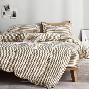 JELLYMONI 100% Natural Cotton 3pcs Striped Duvet Cover Sets,White Duvet Cover with Khaki Stripes Pattern Printed Comforter Cover,with Zipper Closure & Corner Ties(Full Size)