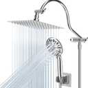 Hibbent All Metal Shower Head, 8'' High Pressure Rainfall Shower Head, Handheld Showerhead Combo with 12'' Adjustable Curved Extension Arm, 7-Spray, 71'' Hose, Adhesive Showerhead Holder, Chrome