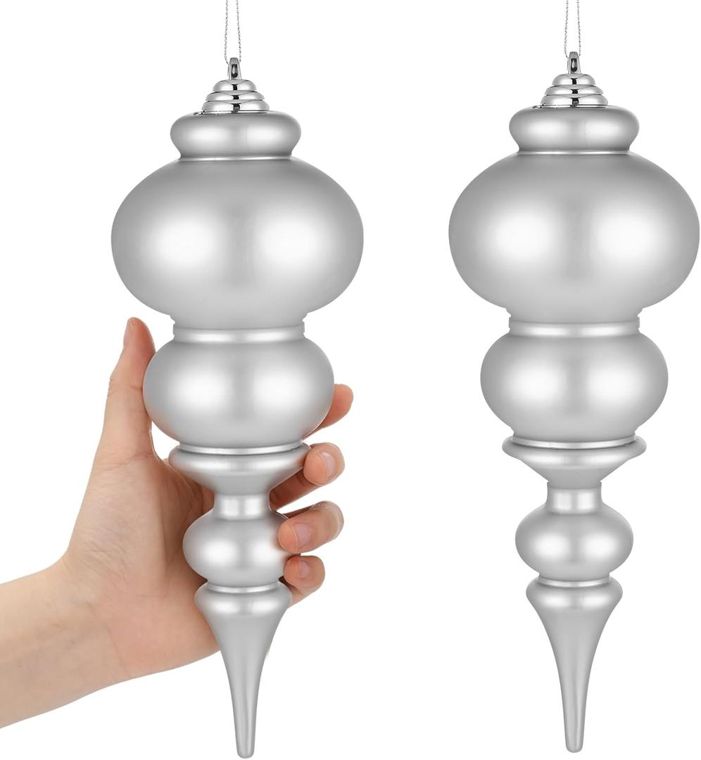 Soulchen 2 Pcs 12" Large Christmas Finial Drop Ornaments Giant Shatterproof Plastic Christmas Ball Ornaments Xmas Tree Topper Hanging Decorations for Holiday Xmas Decor (Silver Matte)