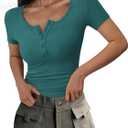 PRETTYGARDEN Womens 2026 Summer Short Sleeve Tops Ribbed Henley Button Slim Fit Basic Casual T Shirts Blouse Fashion Clothing (Blue, M)