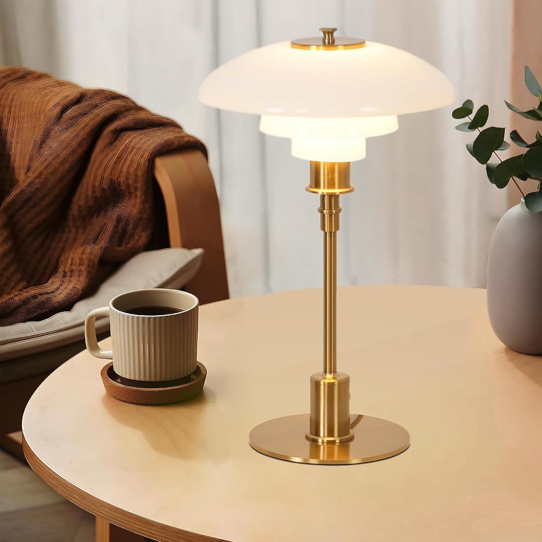 Meefad Mid-Century Modern Glass Table Lamp Layered Modern Bedside Lamp Decorative Glass Desk Lamp Aesthetic Decor for Living Room Bedroom Stylish Nightstand lamp White Finish