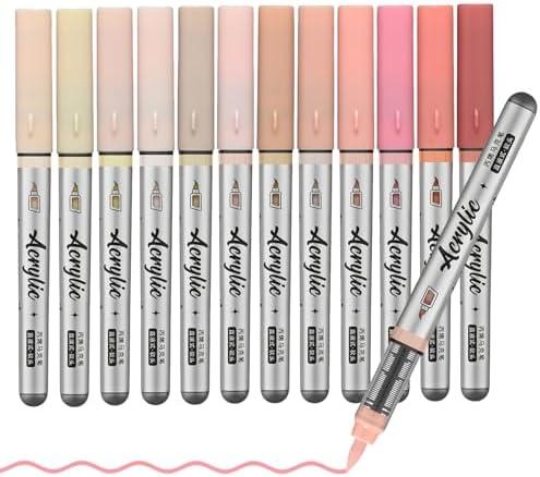 ZZWUAPT Skin Tone Acrylic Paint Pens,12 Color Paint Pens Markers,Brush Tip Paint Pens for Rock Painting Wood Glass Ceramic Canvas Stone DIY Crafts Making Art Supplies