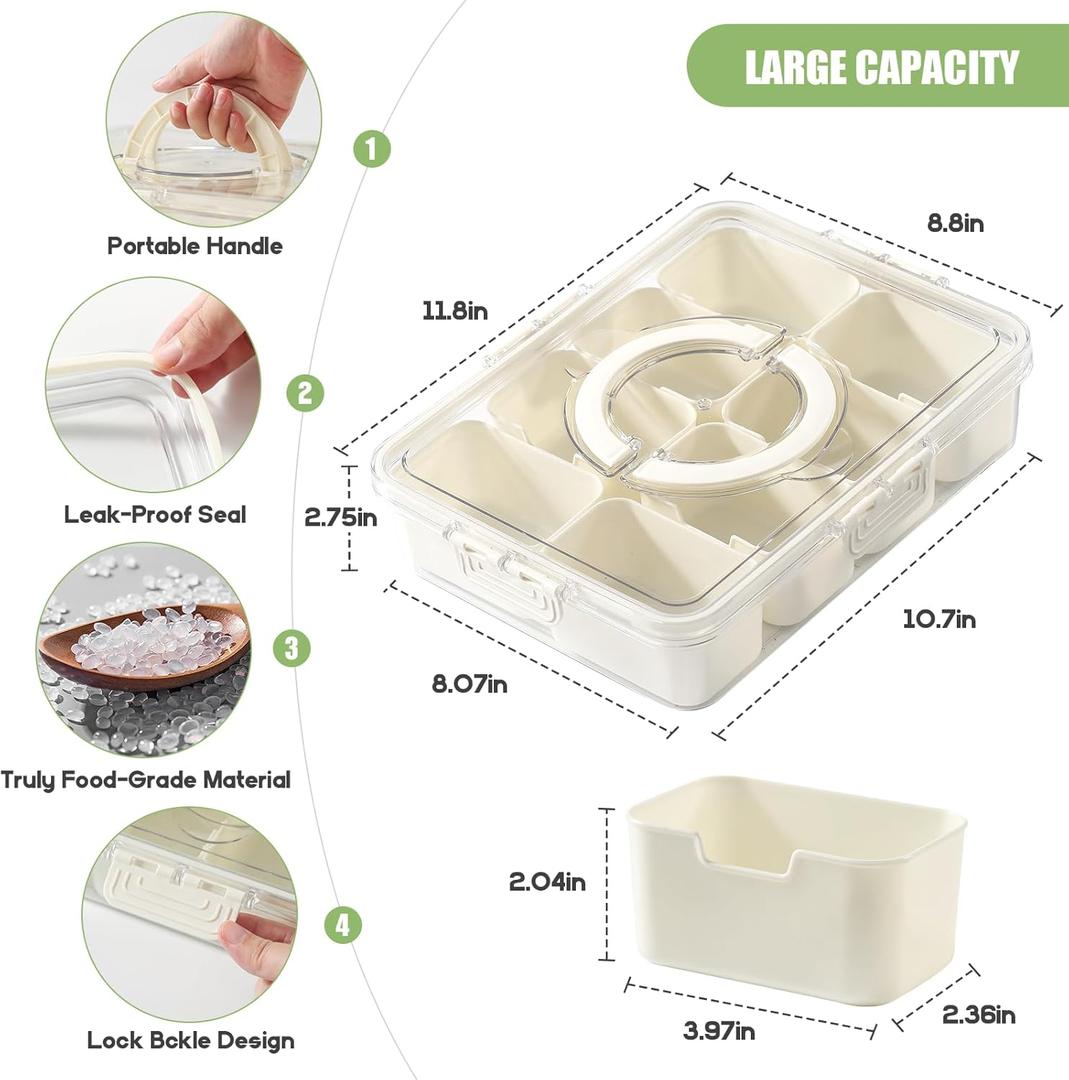 Snackle Box Container with Sealed Lid Portable BPA-Free Snack Box with Foldable Handle, Divided Serving Tray for Fruit, Candy, Nuts & Veggies Perfect for Travel, Picnic, Beach & Party 11.8" x 8.8"