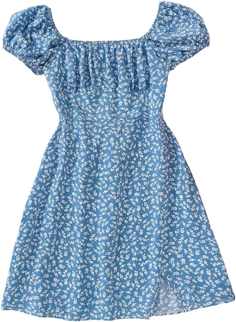 Verdusa Girl's Boho Floral Puff Sleeve A Line Dress Summer Shirred Slit Vacation Dresses (Blue, 12 Years Old)
