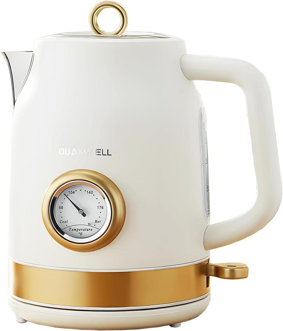 Retro Electric Kettle, 1.7L 304 Stainless Steel Tea Kettle with Temperature Gauge, 1500W Fast Boiling Water Boiler,Auto Shut-Off & Boil-Dry Protection, BPA-Free, Matte White and Gold