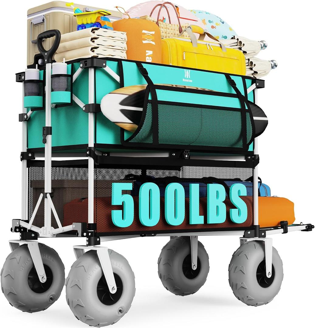Navatiee 500Lbs Double Decker Wagon, 400L Large Capacity Heavy Duty Beach Cart with 9" Balloon Wheels for Sand, Folding Collapsible Wagon with Side Pocket for Beach, Sport, Camping, Light Blue