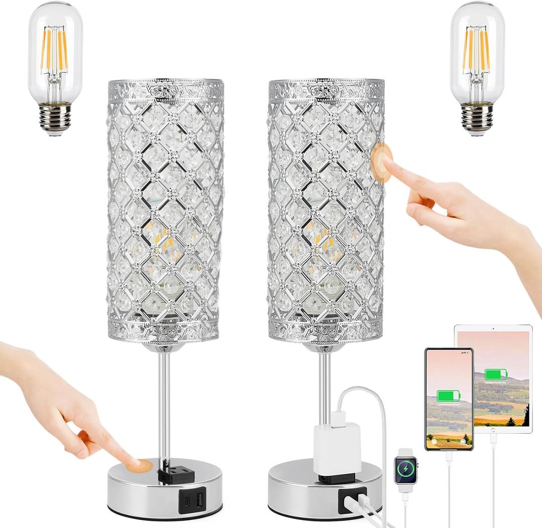 2PCS USB Crystal Table Lamp, Touch Gold Table Lamp,USB A+C Charging Ports&Multiple Outlet,3 Way Dimmable Bedside Lamps(Bulbs Included 2pcs) (Dashing Silver, 2)