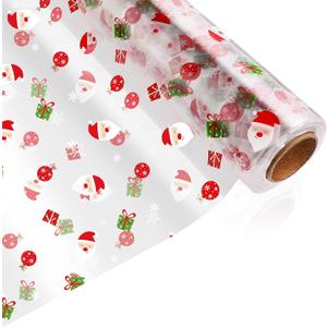 STOBOK Christmas Cellophane Wrap Roll| Unfolded Width 32 X 100FT Santa Claus Pattern Paper Wrapper, 3 Mil Thicken Long Film Wrappings for Hampers, Flowers, Basket Packing Paper, Xmas Decor