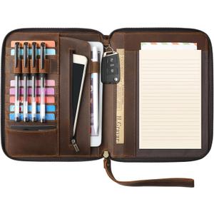 Ringsun Genuine Leather Portfolio with Zipper, Padfolio Portfolio Organizer Folder for Men Women, Professional Business Card Holder for A5 Letter Size Notepad, Resume, Writing Pad, Pen Loop (Dark Brown)