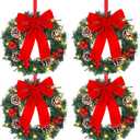 4 Pcs Lighted Christmas Wreaths, 12 Inch Pre Lit Small Xmas Wreath with Large Bow, Pine Needle Wreath with LED Lights Battery Operated Xmas Ornaments for Front Door Wall Christmas Party Decor(Red)
