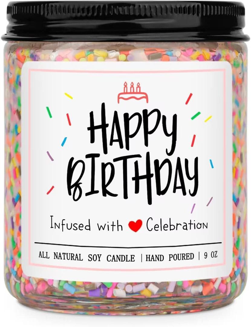 Homsolver Happy Birthday Gifts for Women Men, Vanilla Cream Scent with Sprinkles Candy Birthday Candles, Unique Best Friend Idea Gifts, Handmade Candle Decor