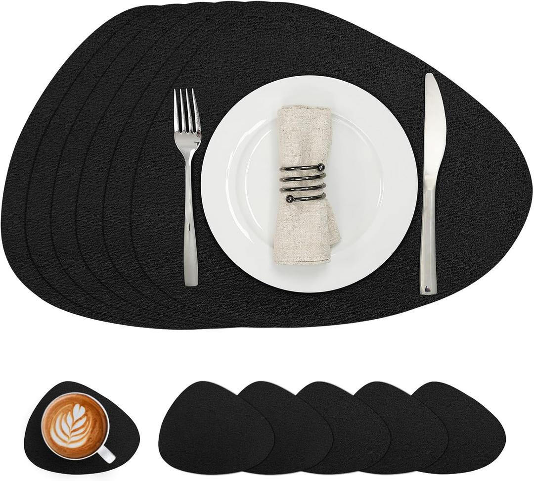 Placemats and Coasters, Washable Reversible Placemats Round Faux Leather Wipeable Place Mats Non Slip Heat Resistant Indoor Outdoor Table Mats (Set of 6, Black)