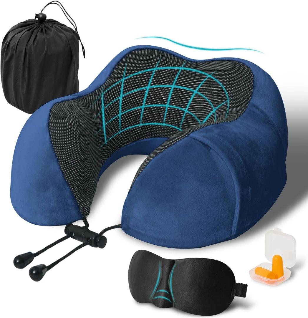 Travel Pillow, Memory Foam Neck Pillow for Traveling, U Shape Neck Pillow Airplane Portable Flight Pillow Travel Kit with 5D Contoured Eye Masks and Earplug for Plane Train Car Home Office - Blue