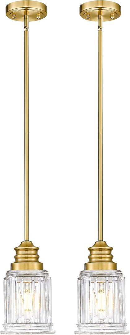 Brushed Gold Pendant Lights Kitchen Island 2 Pack, HWH 6 Inch Hanging Lights Fixtures with Bell-Shaped Fluted Clear Glass, Modern Kitchen Island Lighting