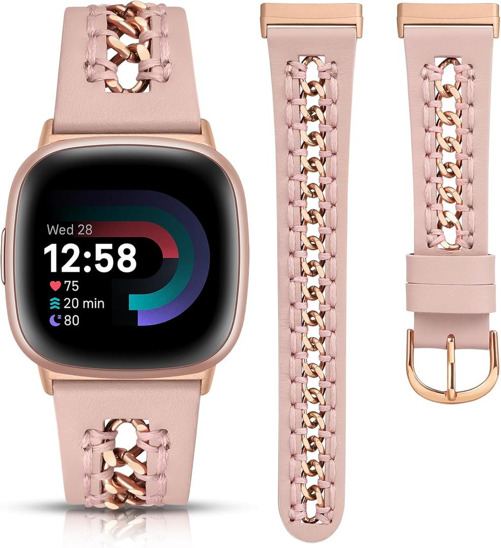 Minyee Leather Band Compatible with Fitbit Versa 4/3/Fitbit Sense 2/1 Bands Women, Dressy Premium Leather Designer Strap with Stainless Steel Metal Chain for Versa 3 4 Sense 2 Smartwatch (Pink/Rose Gold)