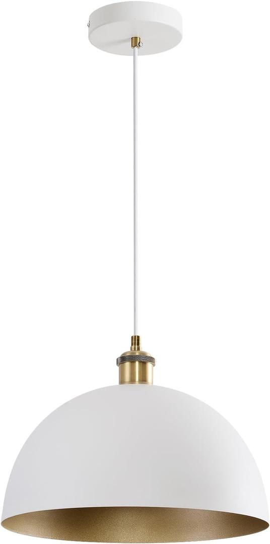 Vintage White and Gold Pendant Light Fixture 11.81 Rustic Farmhouse Pendant Lighting Fixture Brass Socket Dome Pendant Lamp for Kitchen Island, Dining Room, Hallway, Bedroom, Living Room