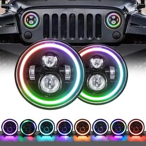 Shkalacar 7 inch LED Headlight Colorful Angle Eye Light 100W Round Headlight with High/Low Beam and DRL for Cars Motorcycles, Car Motorcycle Headlight Auto Ring Lights