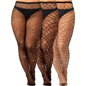 Geyoga 3 Pair Plus Size Fishnets Thigh High Stockings Sparkly Rhinestone Tights Stockings Glitter High Waist Tights for Women (X-Large, Black)