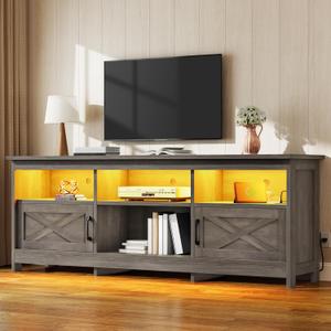 YITAHOME TV Stand for 80/75/70 Inch TVs, Farmhouse Entertainment Center with LED Lights & Storage Cabinets, Open Shelves & Adjustable Shelf, TV Consoles for Living Room, Washed Gray