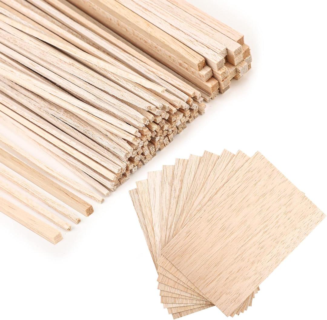 150 Pieces Balsa Wood Sticks Hardwood Square Wooden Craft Dowel Rods Unfinished Balsa Wood Sheets 12" Thin Wooden Strips 1/4 Inch 1/8 Inch for Crafts DIY Projects Models Making Supplies