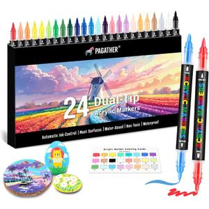 24 Colors Dual Tip Acrylic Paint Markers, Fine and Brush Tip Acrylic Paint Pens with Automatic Ink Control System for Rock Painting, Canvas, Wood, Glass, Fabric, DIY Crafts Making Art Supplies
