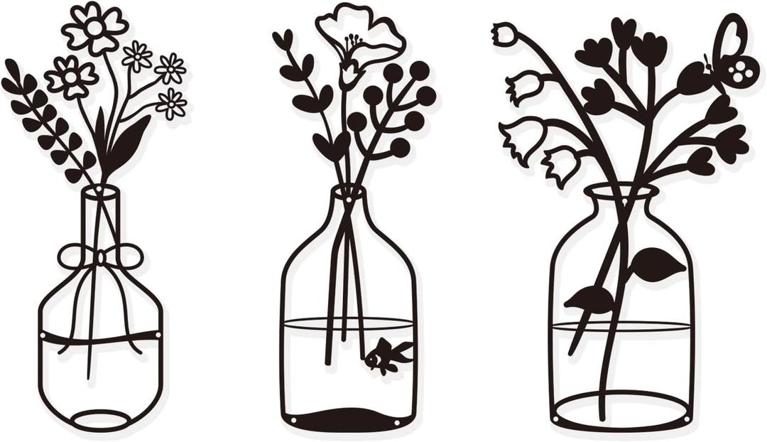 BSTSELER 3 Pcs Black Metal Flowers Wall Decor Bathroom Decor Metal Vase Wall Art Metal Wall Sculptures Hanging for Indoor Kitchen Bathroom Bedroom living room Halloween Thanksgiving Christmas Gifts