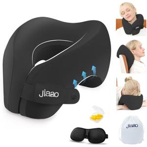 jiaao Neck Pillow Airplane, Memory Foam Travel Neck Pillows for Long Flight, 3D Eye Masks, Ear Plugs and Portable Drawstring Bag, Napping Pillow for Home, Road Trips, Sleep Rest and Travel Use (Dark Grey(hook & Loop Tape))