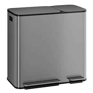 Dual Kitchen Trash Can 13.2 + 5.2 Gal (50+20L) Stainless Steel Trash Cans with Soft Close Lid Large Double Garbage and Recycling Bin with 2 Removable Inner Buckets Step-on Metal Garbage Cans Gray