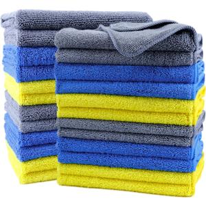 POLYTE Premium Microfiber Cleaning Towel, 16x16 in 24 Pack (Blue, Gray, Yellow)