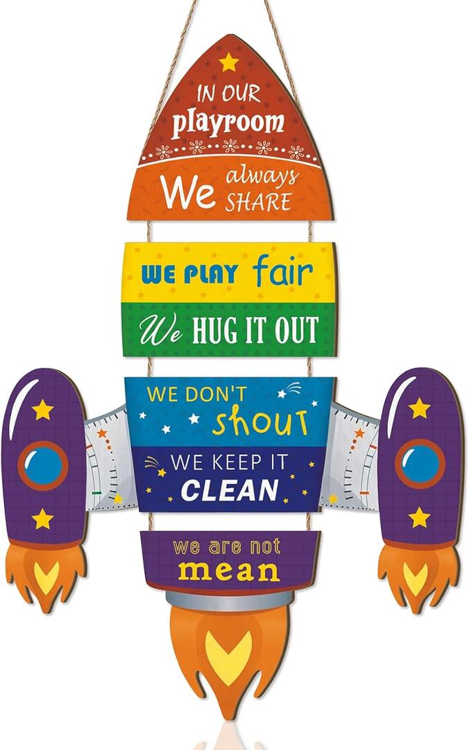 Rocket Shape Wooden Sign,Welcome to Our Playroom Door Hanger,Playroom Rules Wall Hanging,Classroom Door Decor,Colorful Motivational Quote Sign for Kids Child School Classroom Bedroom Porch