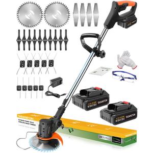 Electric Weed Wacker Cordless, 21V Weed Eater Battery Powered with 2 Batteries and Charger, 3 in 1 Electric Grass Trimmer Cordless Edger Brush Cutter with Saw & Metal Blade for Lawn Garden Yard