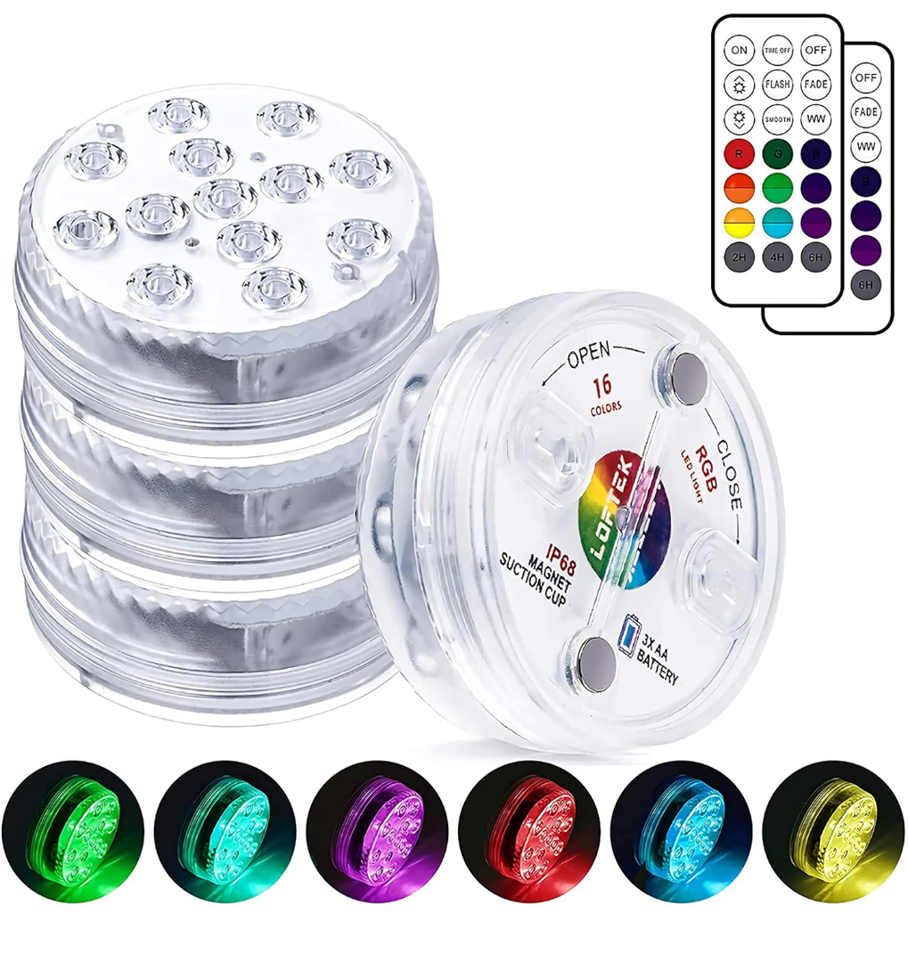LOFTEK Submersible LED Lights with Remote, 13 LED Pool Lights for Inground Above Ground Pool with Magnets &10 Suction Cups, 16 Color Changing Underwater Light for Ponds Battery Operated (4 Packs)