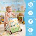 Wooden Baby Walker, Baby Walker with Wheels, Includes Montessori Sensory Toys and Activity Center, 6-18 Months for Boys and Girls, Medium