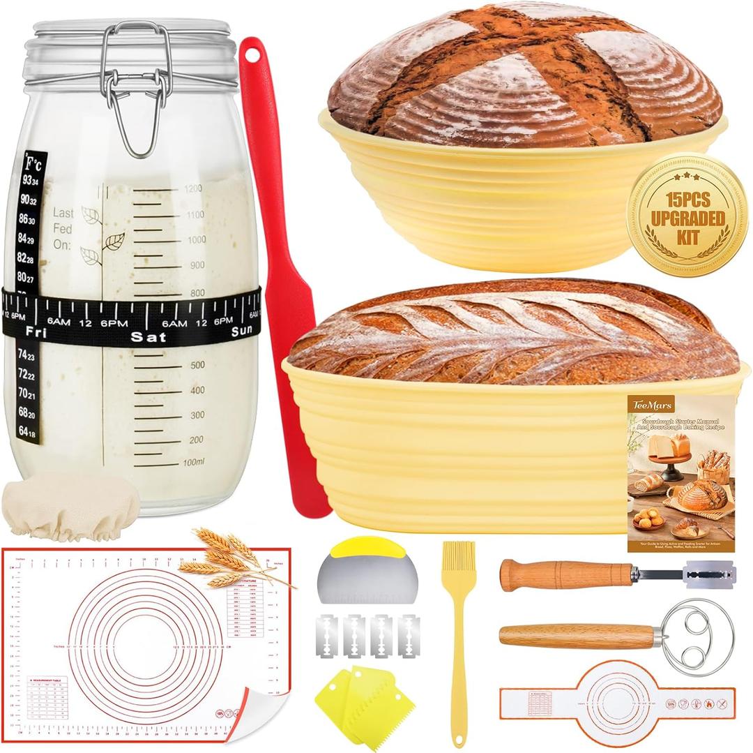 DoughEase 15Pcs Sourdough Starter Kit, 51oz Sourdough Starter Jar, Bread Proofing Baskets, Dutch Oven Sling, Thermometer, Feeding Time Tracker, Non-Stick Dough Mat, Dough Whisk, Scrapers, Baking Tools (3-Complete kit with DoughMat)