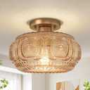 Semi Flush Mount Ceiling Light, Upgraded Larger Amber Glass Ceiling Light Fixture, Vintage Lighting for Hallway Kitchen Bedroom Dining Room, Bulb Not Included