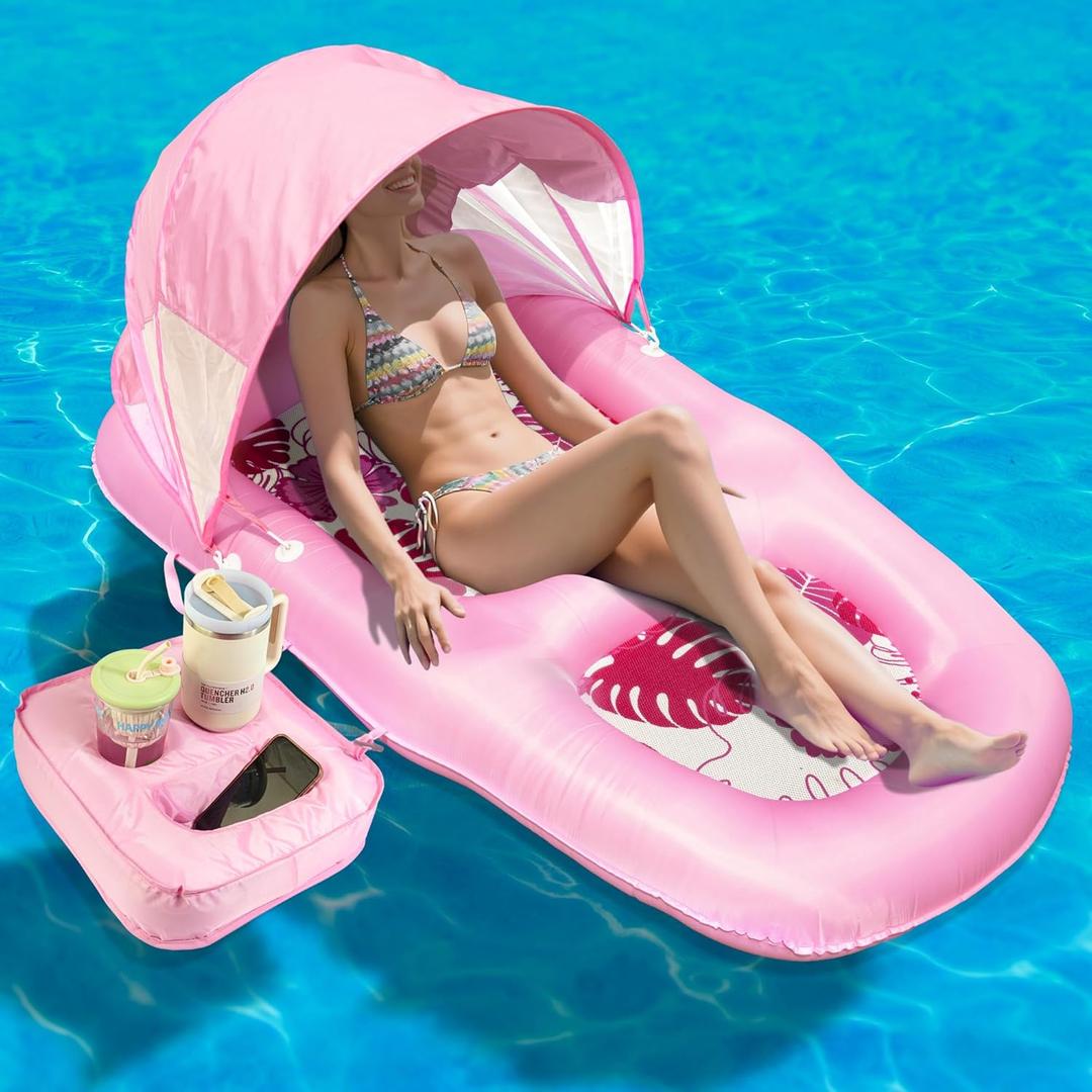 Fabric Covered Inflatable Pool Lounger Float Adult, 70"x39" Extra Large Pool Float w/ UPF50+ Sunshade Canopy & Cupholder Caddy, Water Floaties Raft Recliner Chair for Pool Party Lake Beach (Pink)