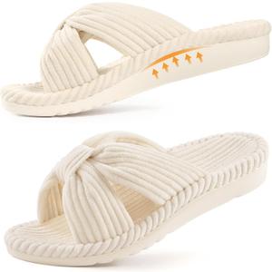 Litfun Orthopedic House Slippers for Women Arch Support Cross Bow Indoor Slippers Corduroy Bedroom Shoes Open Toe Slip On, Beige 40