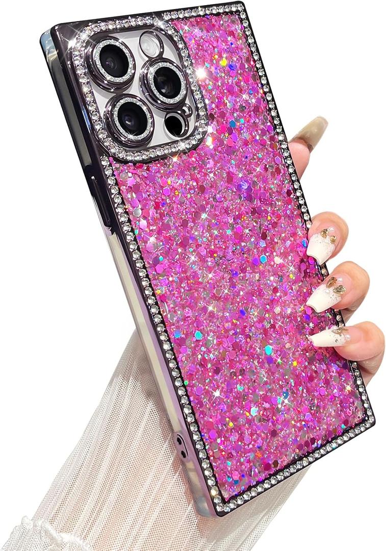 4 x Yeddabox for iPhone 13 Pro Max Case Glitter, Luxury Sequin and Diamond Bumper Cover with Reinforce Corner, Soft Shockproof Protective Electroplated Case for iPhone 13 Pro Max for Women Girls, Purple