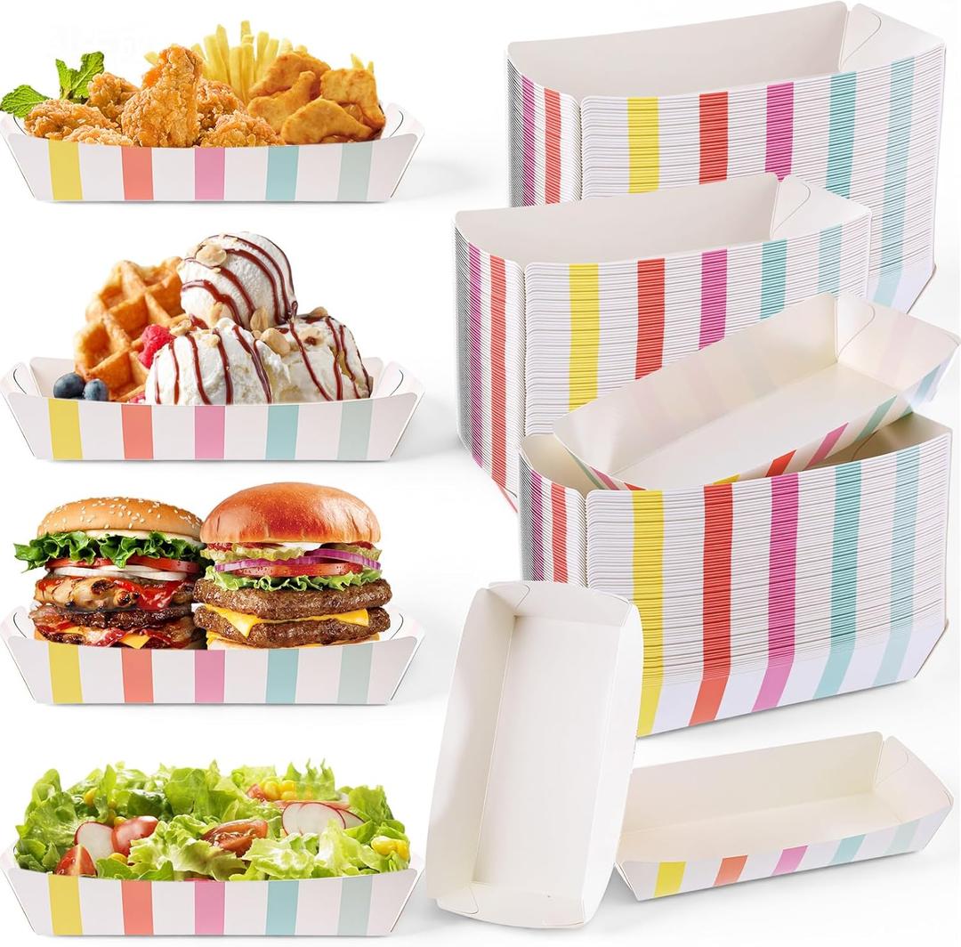 FoldTier 8oz Paper Food Boat Trays 2lb Sturdy Paper Banana Split Boats Disposable Ice Cream Sundae Dishware Bowl Boats Plate for Party Serving Snack Candy Salad(Striped Style,Macaron Color,100 Pack)