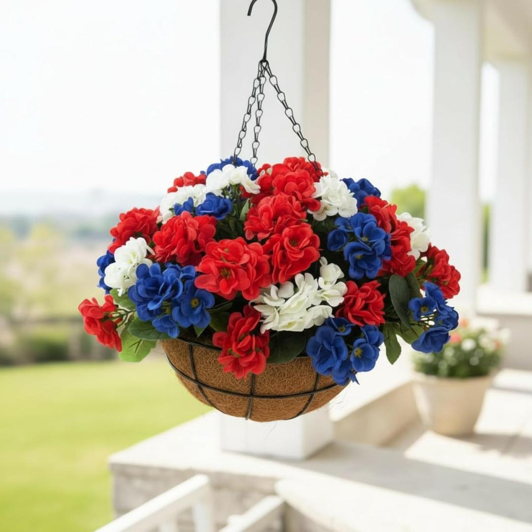 Riceshoot Red White Blue Artificial Flower Hanging Basket for Outdoor 4th of July Patriotic Decorations America Memorial Day Decoration for 250th Birthday Supplies of America Independence Day