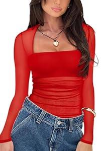 Women's Sexy Square Neck Long Sleeve Bodysuit Sheer Mesh Ruched Body Suits Going Out Tops (Red) L